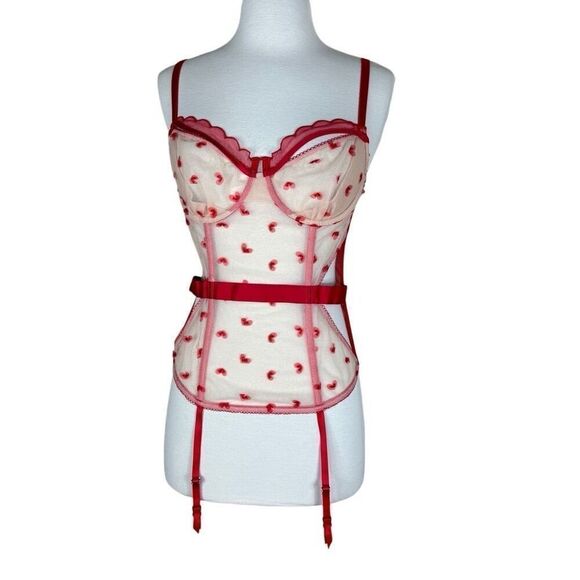 Victoria’s Secret Lingerie Bustier Corset Garter Straps Red Beige Hearts 36C - Picture 1 of 12